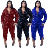 Spring Plus Size Blue Sequins Zipper Turndown Colllar Long Sleeve Top And Slit Pant Two Piece Set
