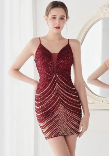 Summer Formal Red Wave Sequins Strap Mermaid Party Dress