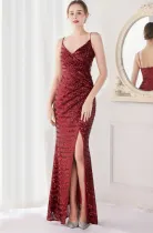 Spring Formal Red Sequins Strap Slit Mermaid Evening Dress