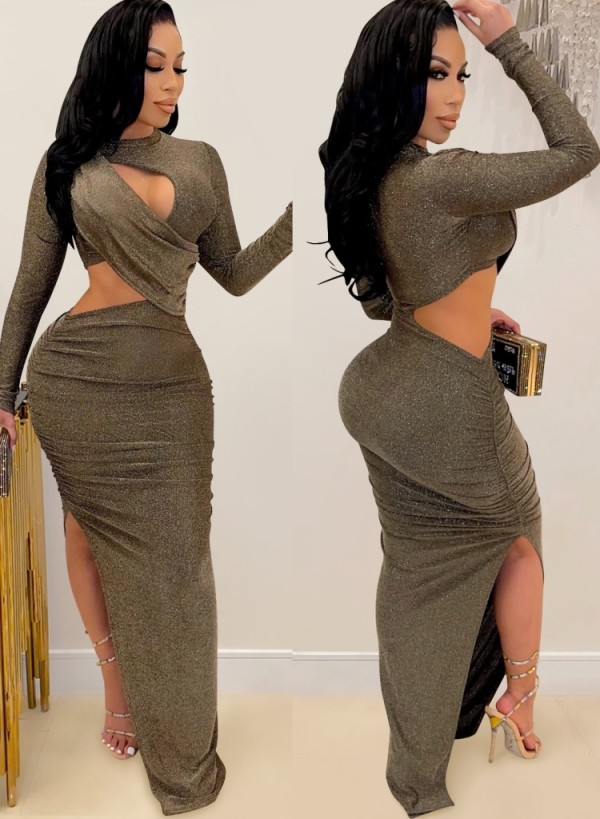 Spring Sexy Green Cut Out Long Sleeve Slit Long Dress