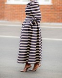 Spring Fashion Stripe Layed Collar Long Sleeve Long Dress