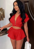 Summer Casual Red Solid Zipper With Hood Crop Top Wholesale Two Piece Short Set