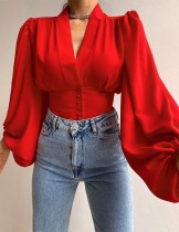 Camisa elegante de botão de manga comprida com decote em V vermelho elegante primavera