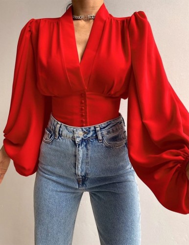 Spring Elegant Red V Neck Puffed Long Sleeve Button Shirt