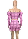 Spring Sexy Plaid Off Shoulder Long Sleeve Top And Skirt Wholesale 2 Piece Outfits