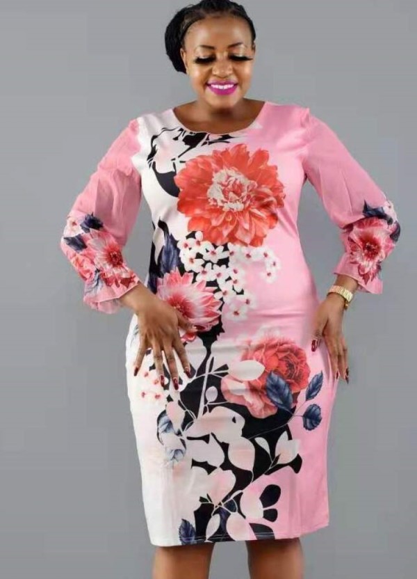 Spring Plus Size Mature Women Floral Print Round Collar Chiffon Sleeve Dress