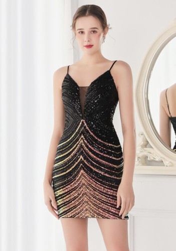 Summer Formal Black Wave Sequins Strap Mermaid Party Dress