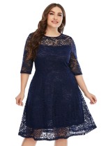 Spring Plus Size Navy Round Neck Lace Half Sleeve Party Dress