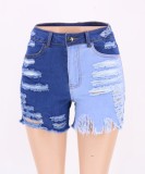 Summer Fashion Blue Contrast Ripped Jeans Shorts