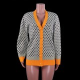 Winter Casual Yellow Line With Print V Neck Long Sleeve Cardigan Sweater