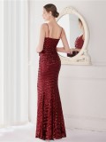 Spring Formal Red Sequins Strap Slit Mermaid Evening Dress