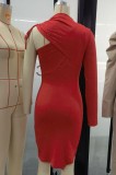 Spring Sexy Red Sequins Round Neck One Shoulder Bodycon Dress