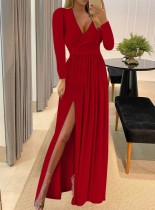 Spring Elegant Red V Neck Long Sleeve Slit Long Dress