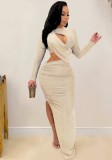Spring Sexy Beige Cut Out Long Sleeve Slit Long Dress