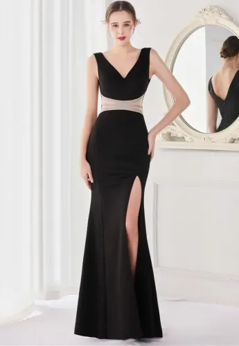Summer Elegant Black V Neck Wasit Rhinestone Slit Mermaid Evening Dress
