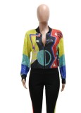 Spring Fashion Blocked Print Sequins Zipper Long Sleeve Jacket
