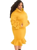Winter Plus Size Yellow Puffed Long Sleeve Hoodies And Fishtail Skirt Wholesale Two Piece Clothing