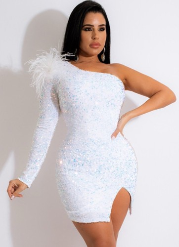 Spring Sexy White Sequins One Shoulder Slit Bodycon Dress