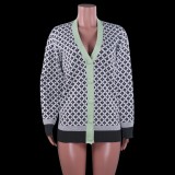 Winter Casual Green Line With Print V Neck Long Sleeve Cardigan Sweater
