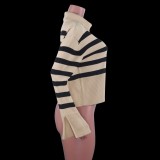 Winter Fashion Beige Stripe High Collar Slit Long Sleeve Knit Sweater