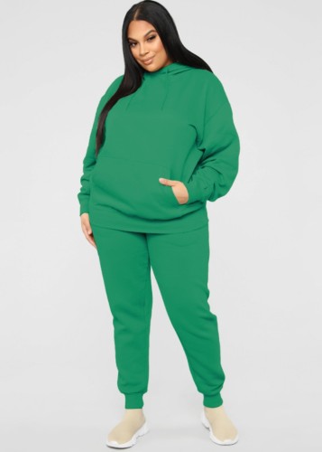 Женский весенний зеленый однотонный спортивный костюм с капюшоном и длинными рукавами больших размеров