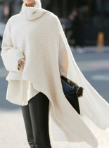 Women Winter White Long Sleeve Turtleneck Knit Pullover Loose Irregular Sweater
