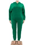 Women Spring Green Solid Color Hooded Long-sleeved Plus Size Sweatsuit