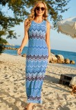 Women Summer Blue Hollow Knitted Stitching Plus Size Long Seaside Holiday Skirt