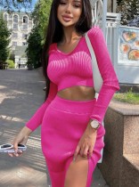 Frauen Frühling Rose Reine Farbe Langarm Mode Sexy Split Langer Rock Zweiteiliger Pullover