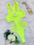 Women Green Solid Color One-piece Hot Sexy Hollow Out High Cut Bikini Swimsuit