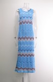 Women Summer Blue Hollow Knitted Stitching Plus Size Long Seaside Holiday Skirt