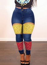 Jeans de cintura alta ajustados con costuras elásticas de primavera azul oscuro para mujer