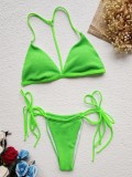 Women Green Solid Color Sexy Two-piece Strappy Thongs Bikini Swimsuit