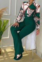 Bayan Bahar Giydirme Takım Elbise Baskılı Dik Yaka Uzun Kollu Bluz ve Geniş Paça Pantolon İki Parça Takım