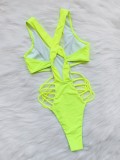 Women Green Solid Color One-piece Hot Sexy Hollow Out High Cut Bikini Swimsuit
