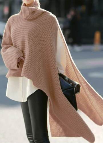 Women Winter Pink Long Sleeve Turtleneck Knit Pullover Loose Irregular Sweater