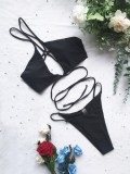 Women Black Solid Color Sexy Two-piece Strappy Bikini Swimsuit