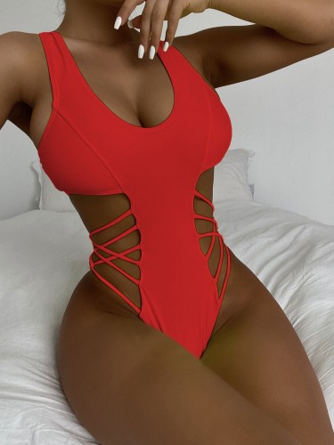 Women Red Solid Color One-piece Hot Sexy Hollow Out High Cut Bikini Swimsuit