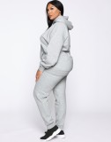 Women Spring Grey Solid Color Hooded Long-sleeved Plus Size Sweatsuit
