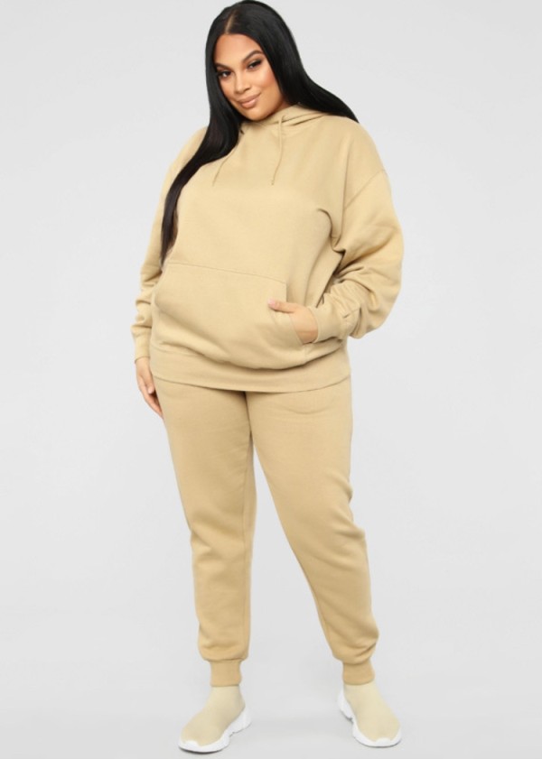 Women Spring Khaki Solid Color Hooded Long-sleeved Plus Size Sweatsuit