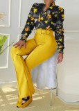 Women Spring Commuting Suit Printed Stand-up Collar Long-sleeved Blouse and Wide-leg Pants Two-piece Set