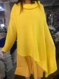 Women Winter Yellow Long Sleeve Turtleneck Knit Pullover Loose Irregular Sweater