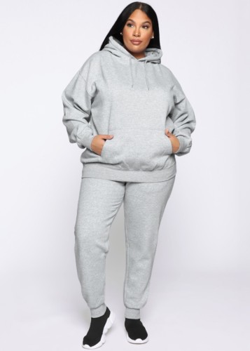 Women Spring Grey Solid Color Hooded Long-sleeved Plus Size Sweatsuit