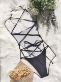 Women Black Solid Color One-piece Hot Sexy Hollow Out High Cut Bikini Swimsuit