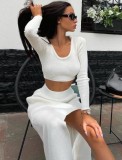 Women Spring White Pure Color Long-Sleeved Fashion Sexy Split Long Skirt Two-piece Sweater