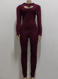 Spring Sexy Burgundy Straps Skinny Jumpsuit And Long Sleeve Hoody Cape Top