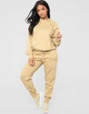 Women Spring Khaki Solid Color Hooded Long-sleeved Plus Size Sweatsuit