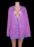 Women Spring Purple Button V-neck Fashion Casual Loose Fake Pocket Cardigan Sweater