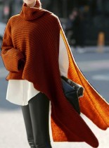 Pullover lavorato a maglia con collo alto a maniche lunghe marrone invernale da donna, maglione irregolare allentato
