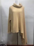 Women Winter Khaki Long Sleeve Turtleneck Knit Pullover Loose Irregular Sweater